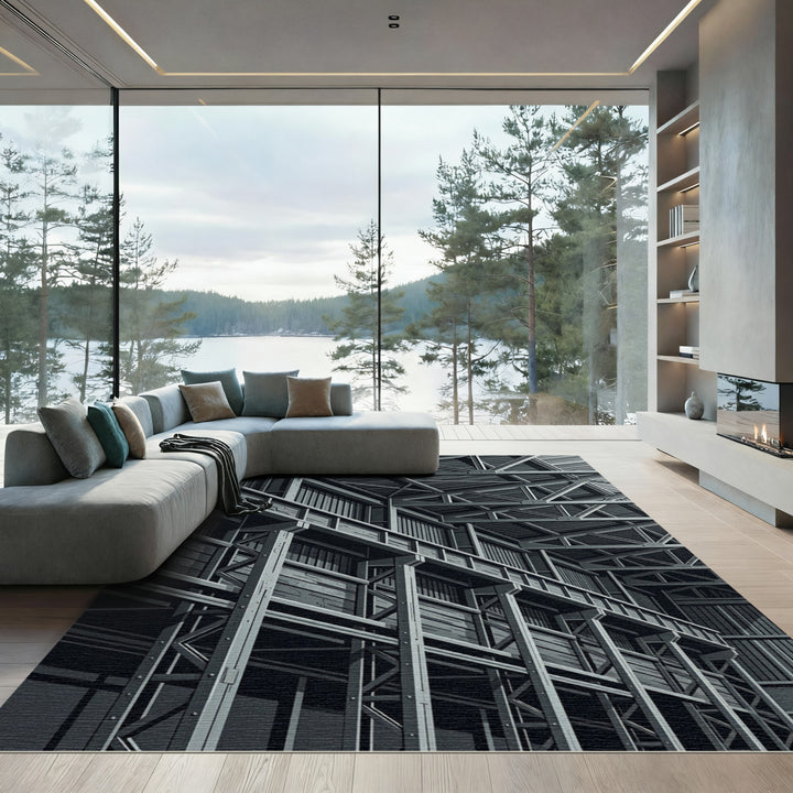 Industrial Gray Steel Warehouse Structure Rug