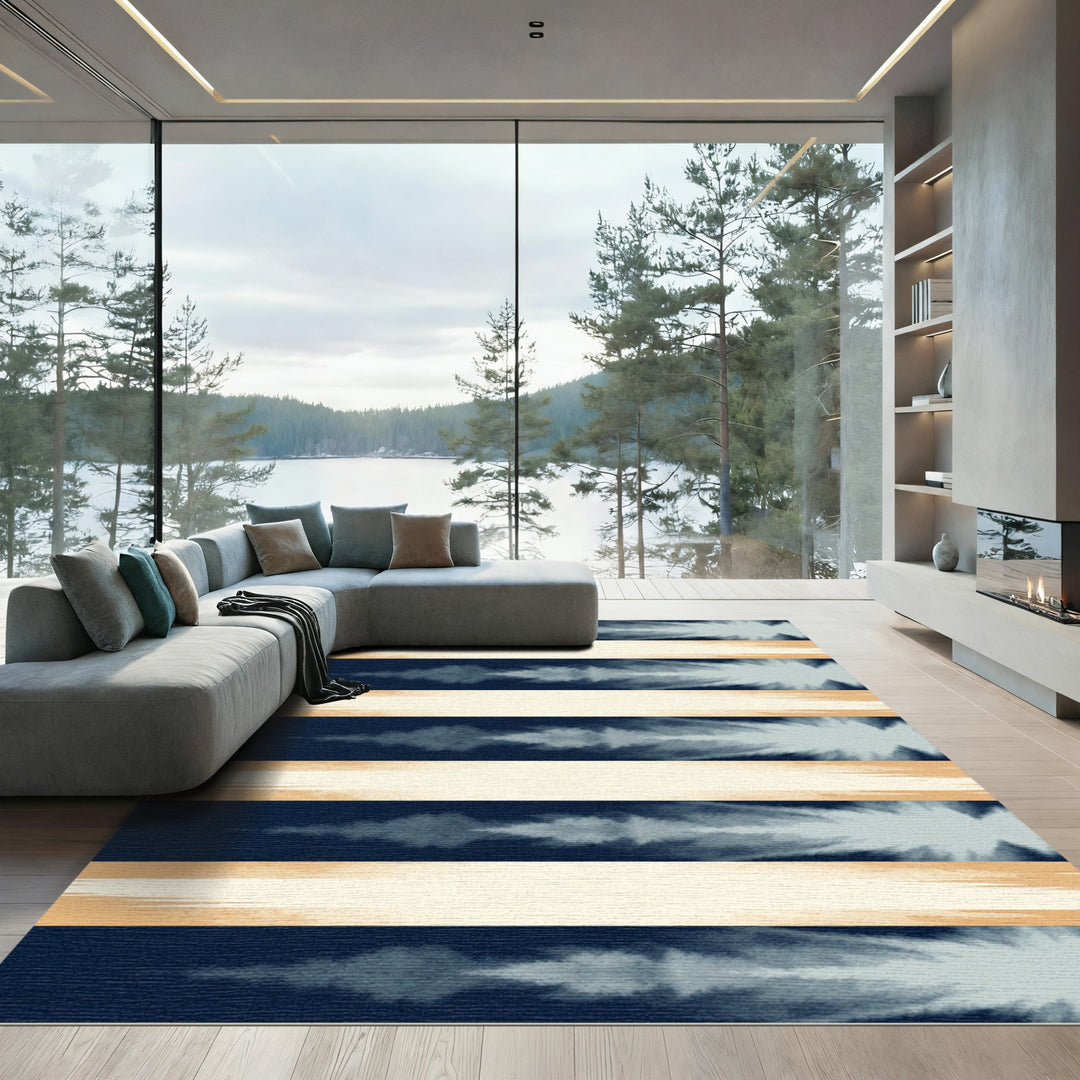 Navy Beige Brush Stroke Stripes Rug