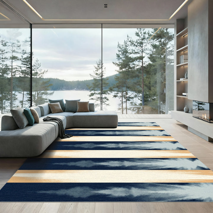Navy Beige Brush Stroke Stripes Rug
