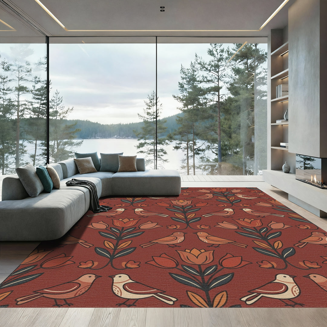 Terracotta Birds and Tulips Folk Art Rug