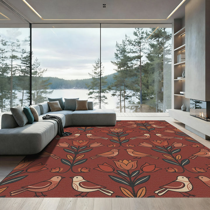 Terracotta Birds and Tulips Folk Art Rug
