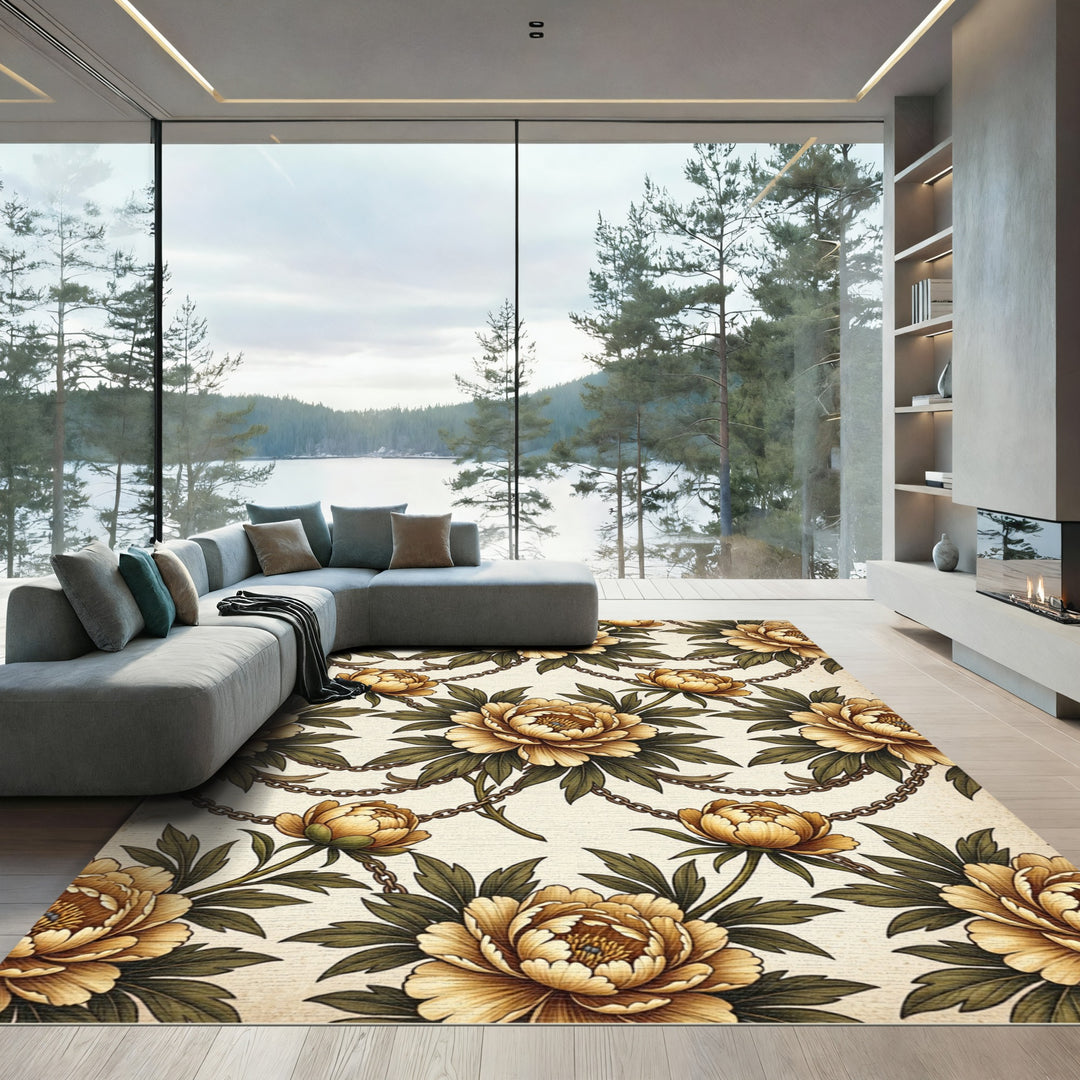 Golden Peony Chain Floral Rug