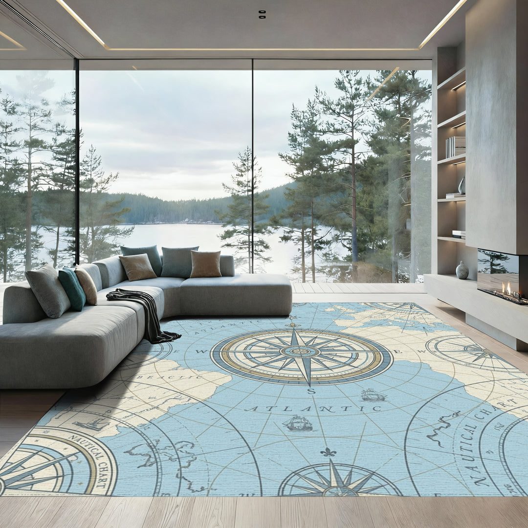 Nautical Compass Rose Atlantic Map Rug