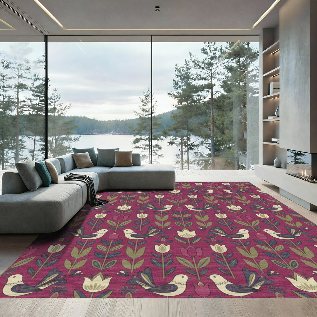 Crimson Floral Bird Melody Rug