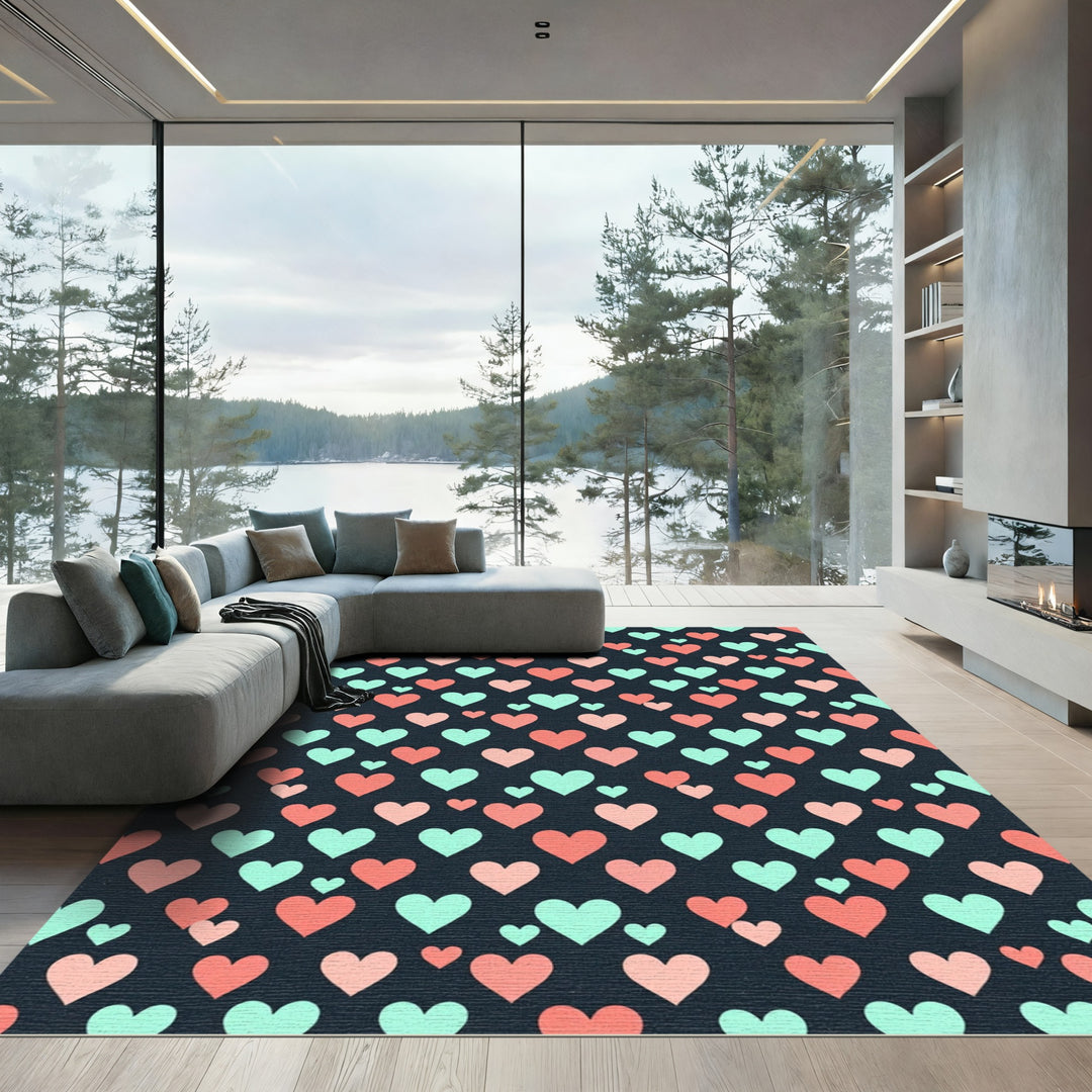 Coral Mint Hearts Dark Background Rug