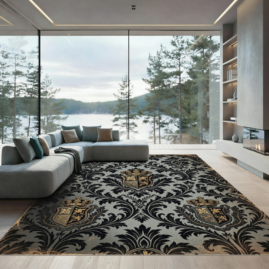 Elegant Black Gold Damask Crest Rug