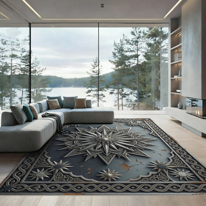 Ornate Silver Starburst Mandala Rug