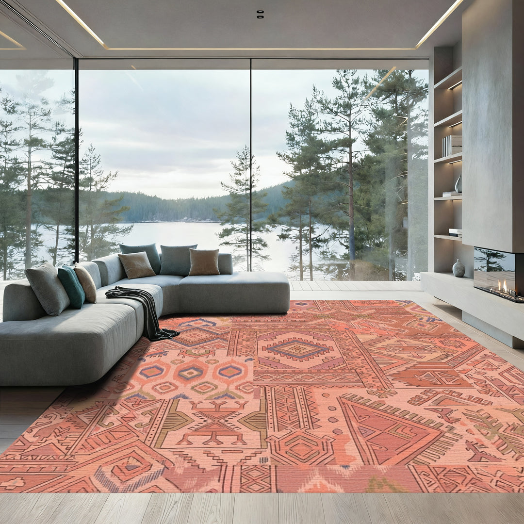 Peachy Coral Patchwork Geometric Medallion Rug