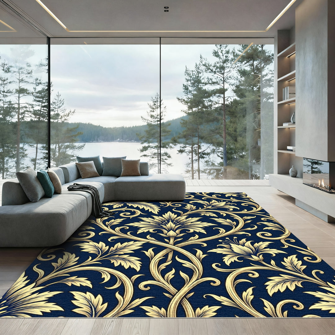 Elegant Gold Flourish Navy Rug