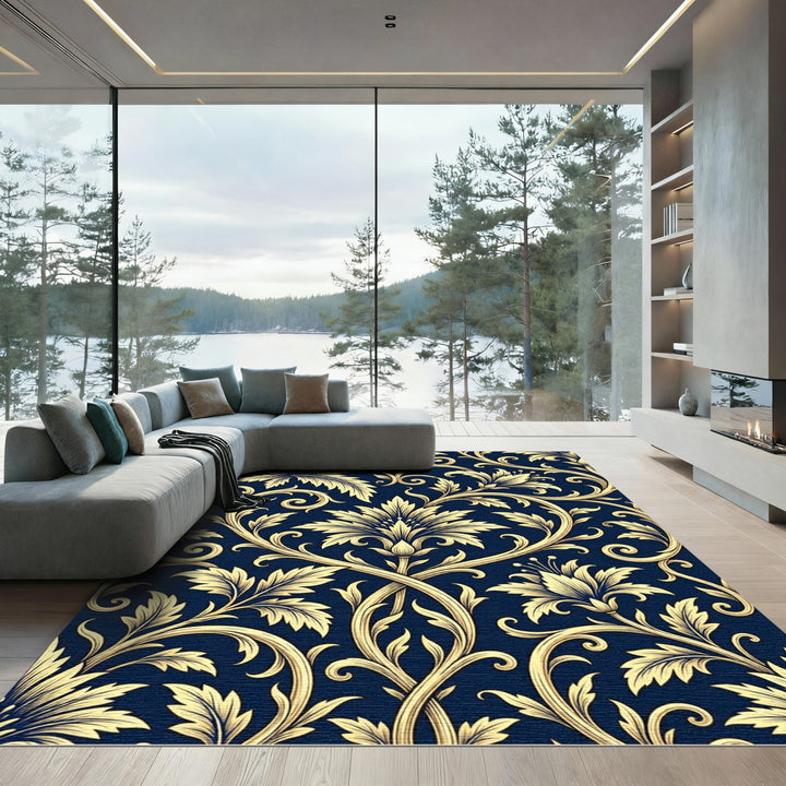 Elegant Gold Flourish Navy Rug