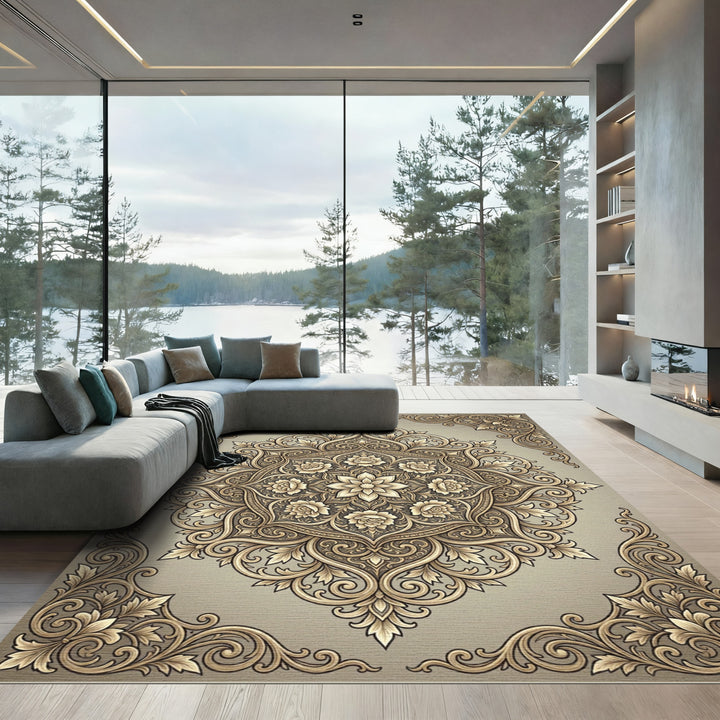 Elegant Golden Blossom Mandala Rug