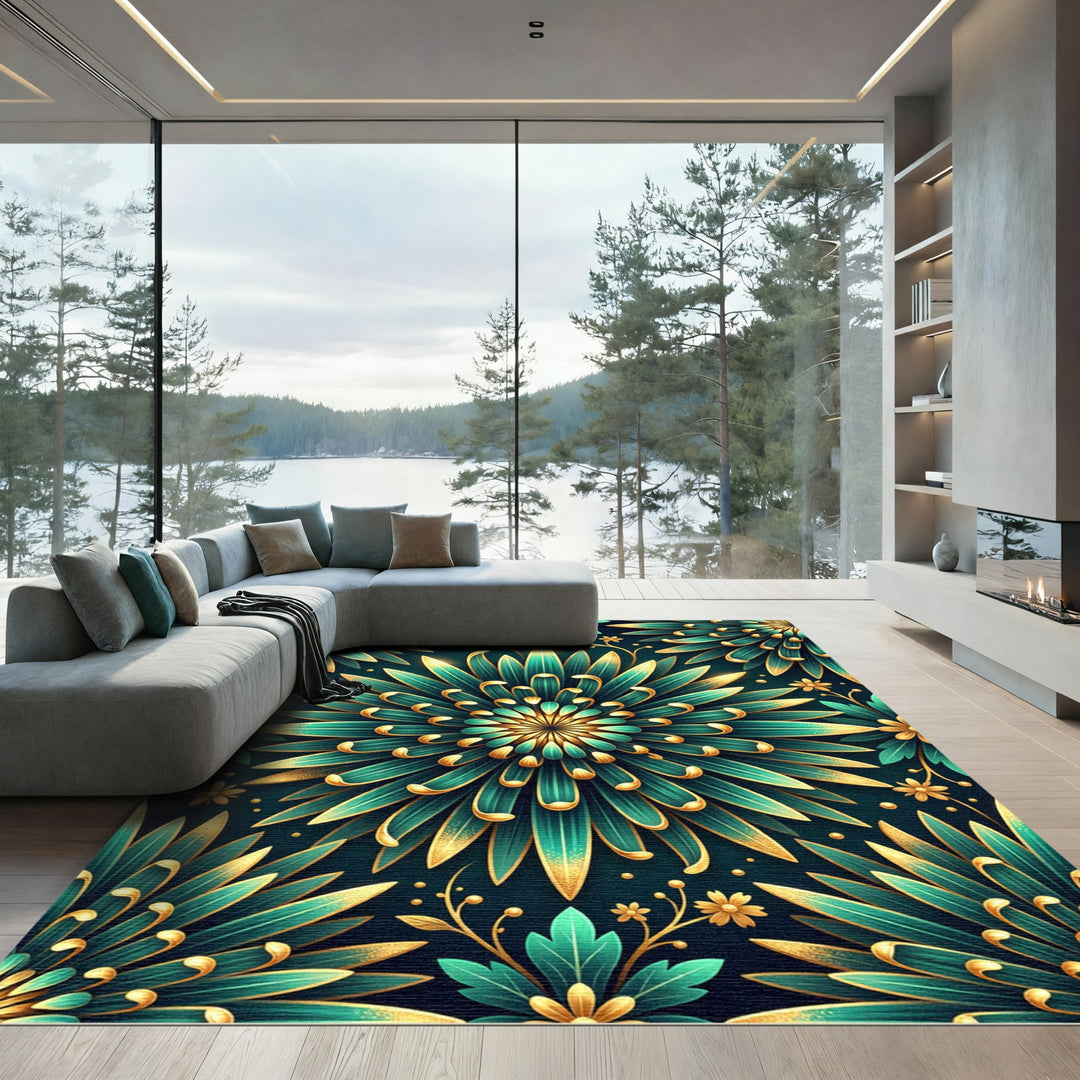 Emerald Gold Floral Mandala Rug