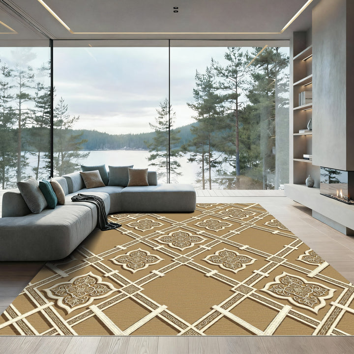 Ornate Gold Lattice Floral Rug