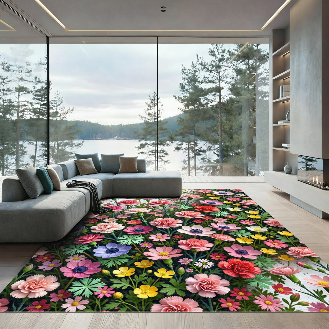 Vibrant Pink Garden Flower Medley Rug