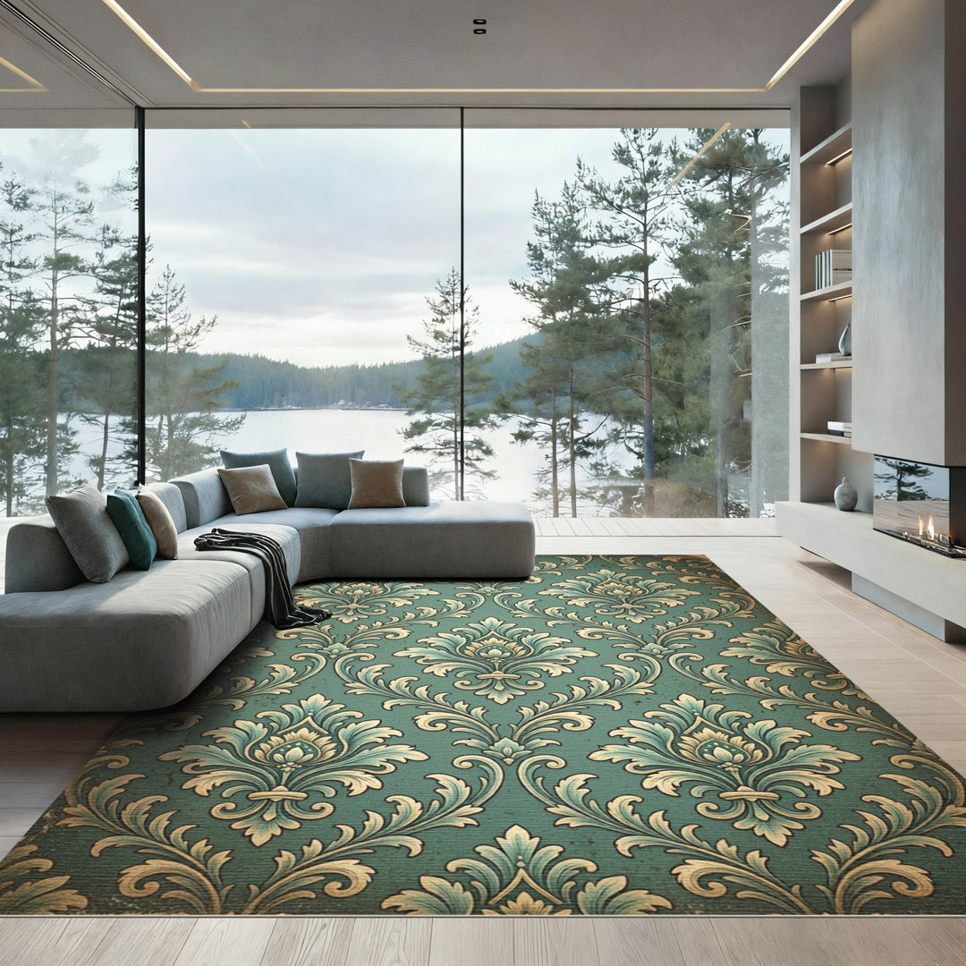 Teal Antiqued Damask Floral Embellishment Rug
