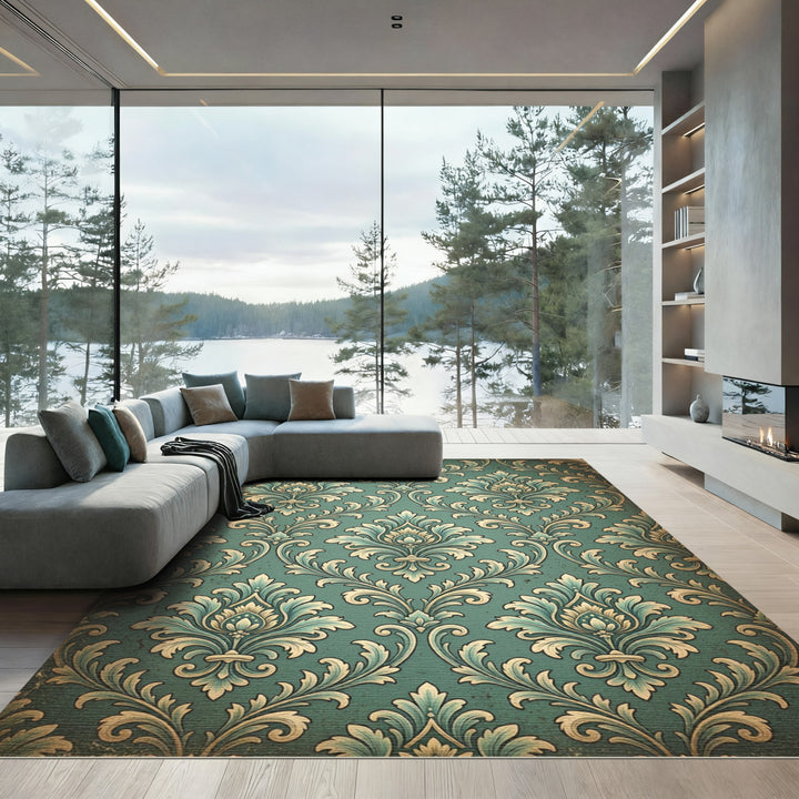 Teal Antiqued Damask Floral Embellishment Rug