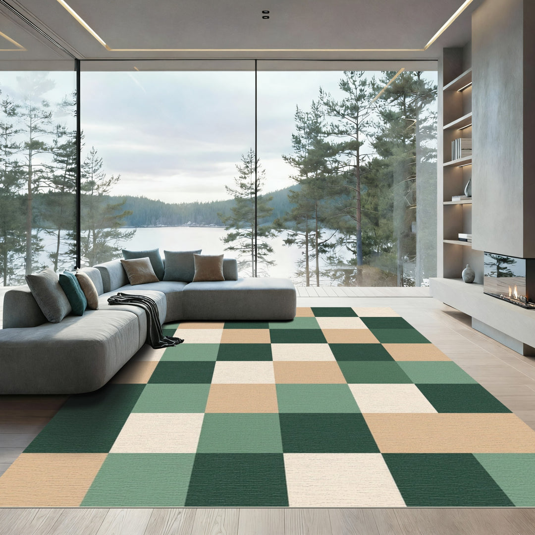 Checkerboard Green Beige Cream Rug