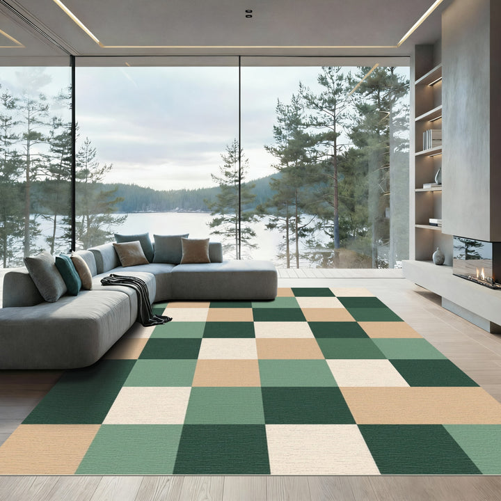 Checkerboard Green Beige Cream Rug