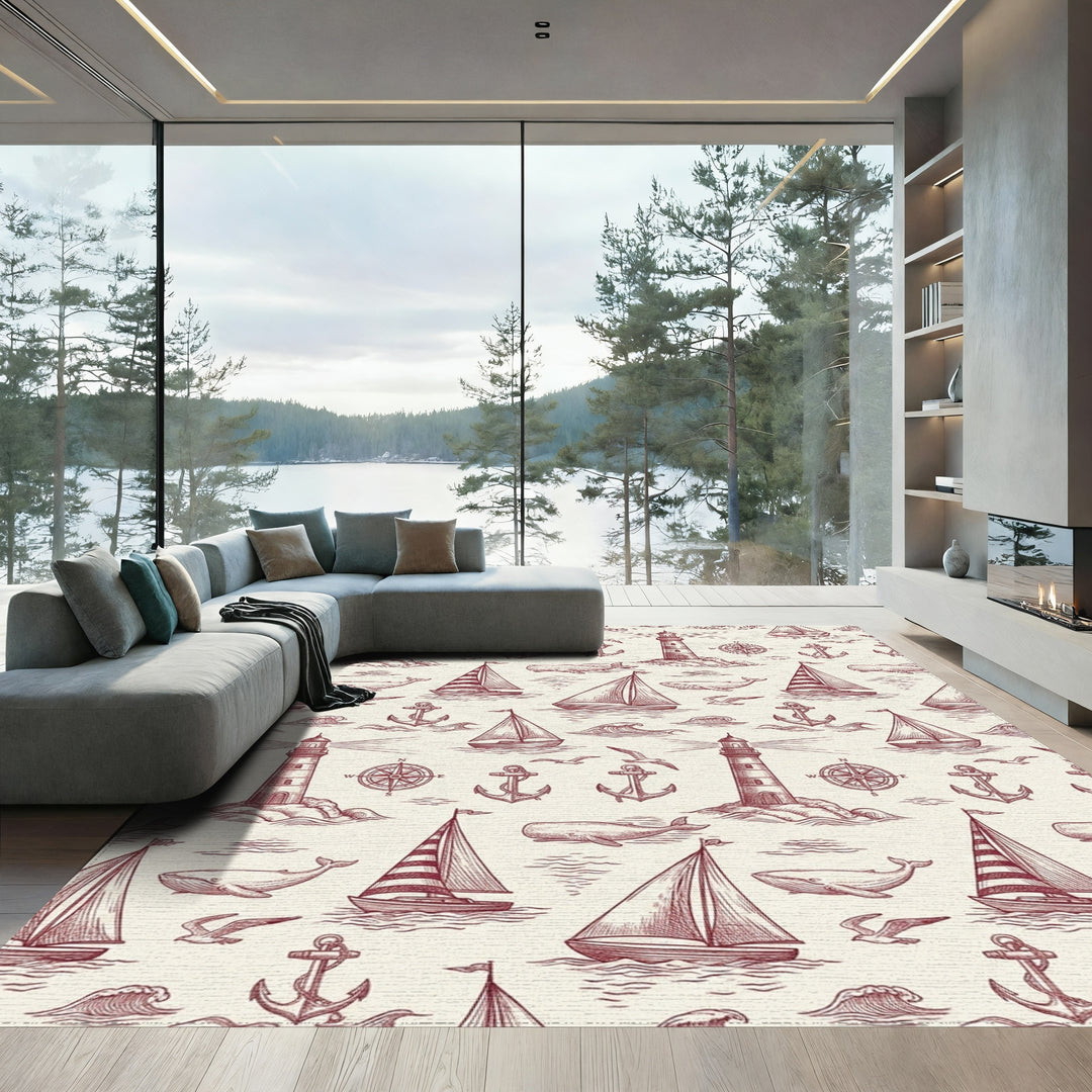 Nautical Sketch Lighthouse Sailboat Whale Anchor Rug