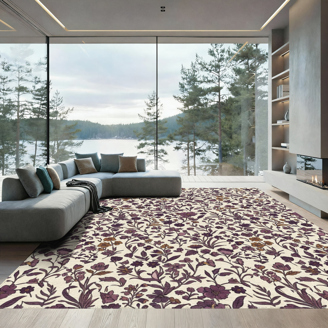Rich Plum Floral Vine Meadow Rug