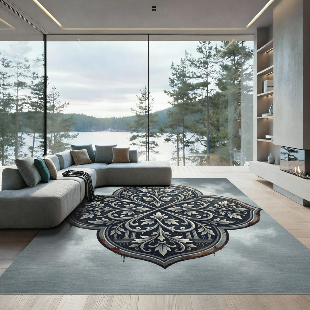 Ornate Silver Scrollwork Four Leaf Rug
