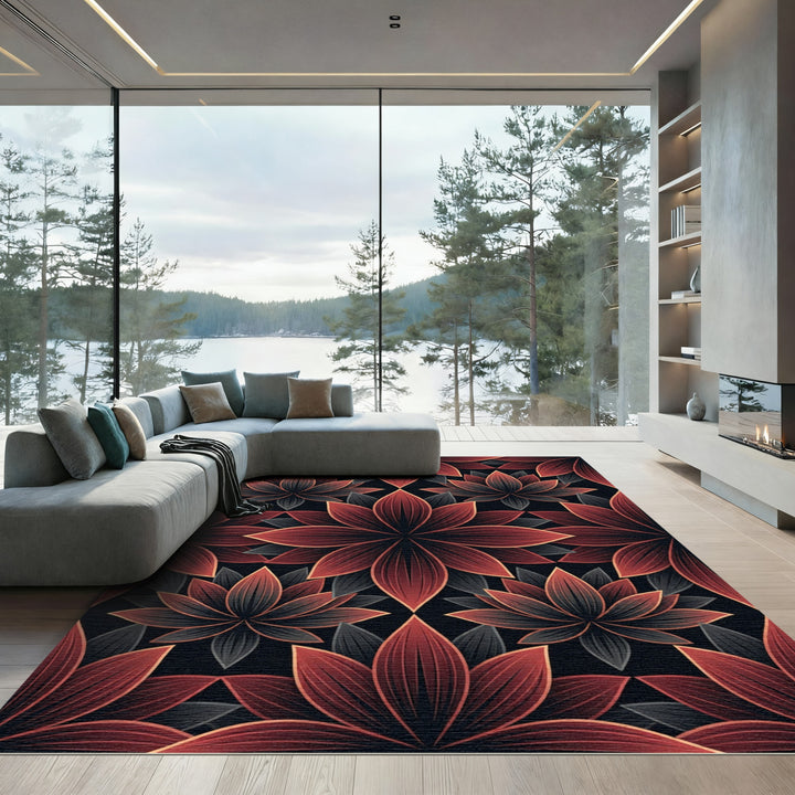 Deep Red Floral Tessellation Rug