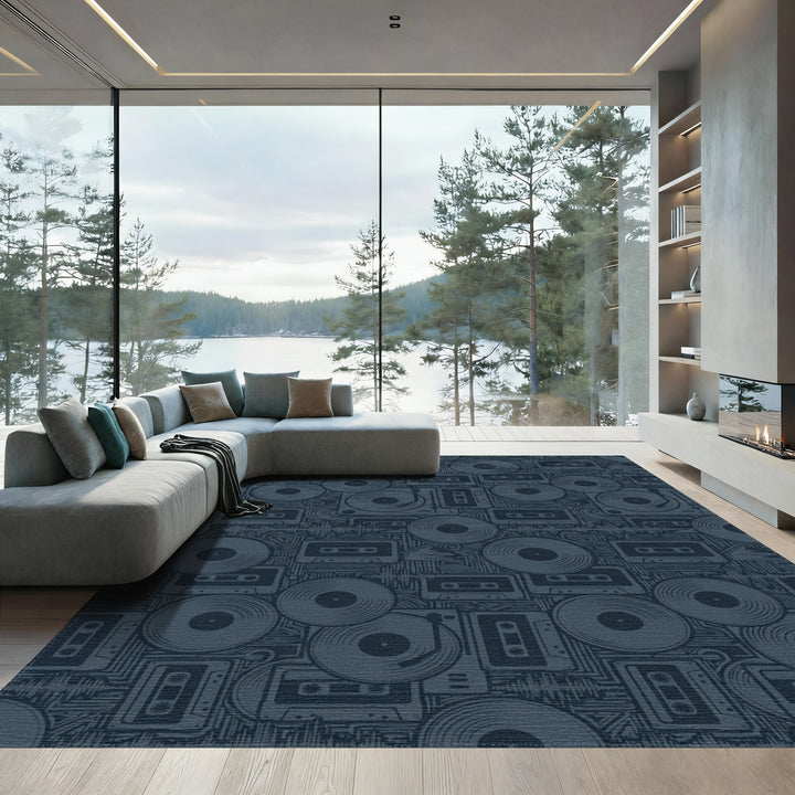 Retro Dark Blue Vinyl Cassette Mix Rug