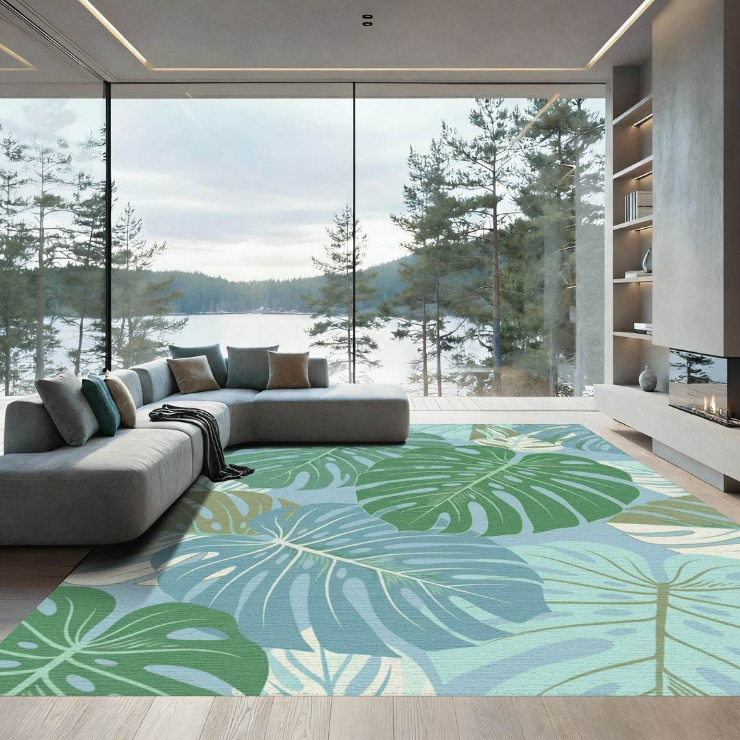 Muted Teal Monstera Leaf Collage Rug