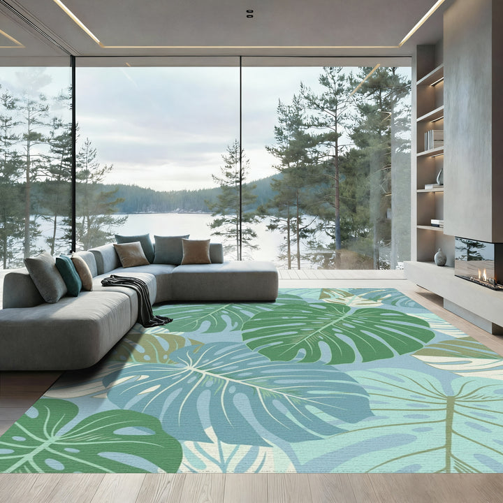 Muted Teal Monstera Leaf Collage Rug
