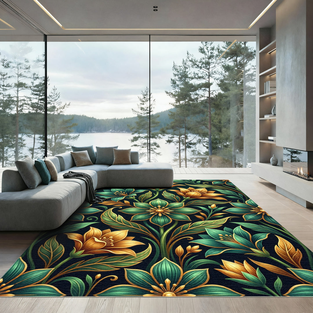 Art Nouveau Gold Emerald Floral Rug