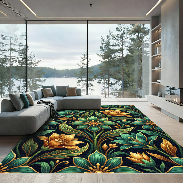 Art Nouveau Gold Emerald Floral Rug