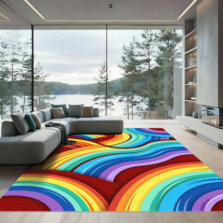 Vibrant Wavy Rainbow Abstract Rug