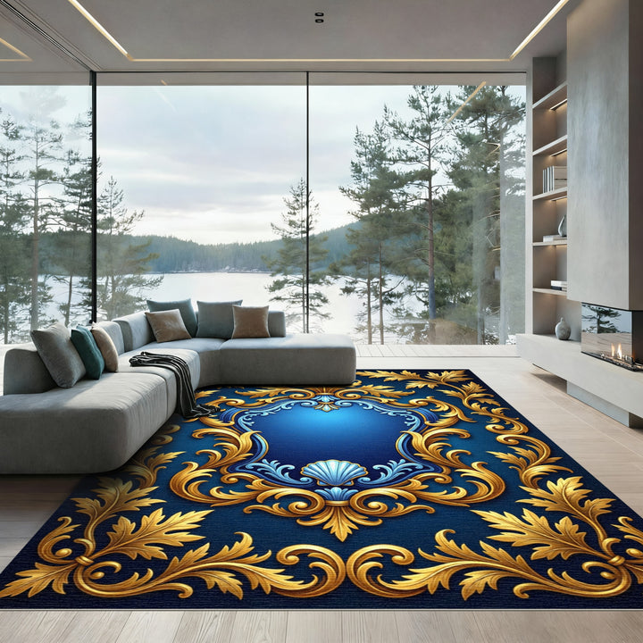 Gold Leaf Acanthus Scrollwork Blue Velvet Rug