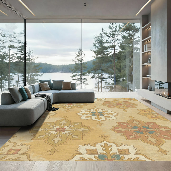 Golden Ochre Floral Starburst Medallion Rug