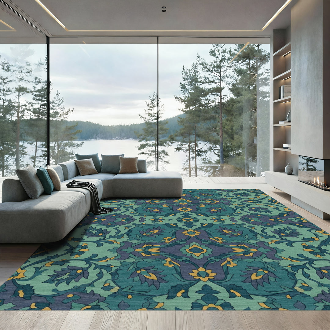 Teal and Gold Floral Medallion Rug