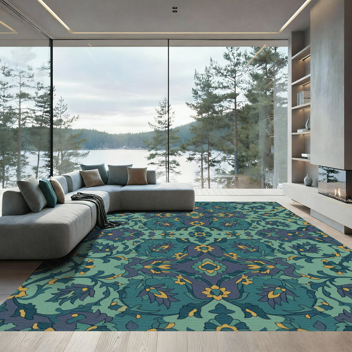 Teal and Gold Floral Medallion Rug