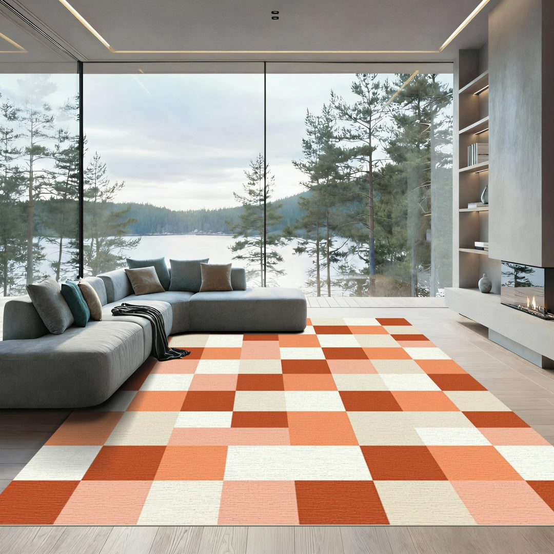 Terracotta Peach And Cream Grid Rug