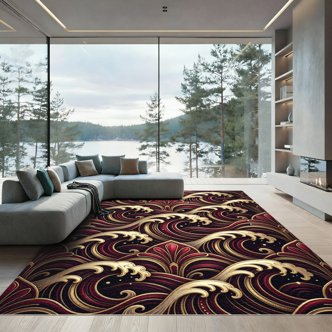 Onyx Red Wave Swirl Golden Art Rug