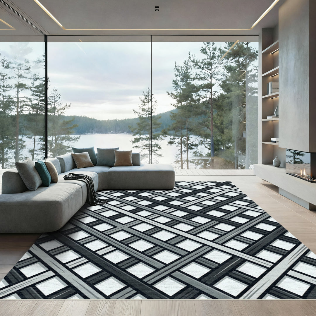 Monochrome Intersecting Grid Rug