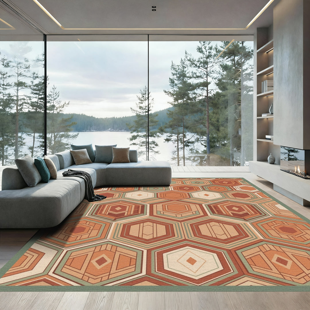 Terracotta Sage Hexagon Geometric Layers Rug