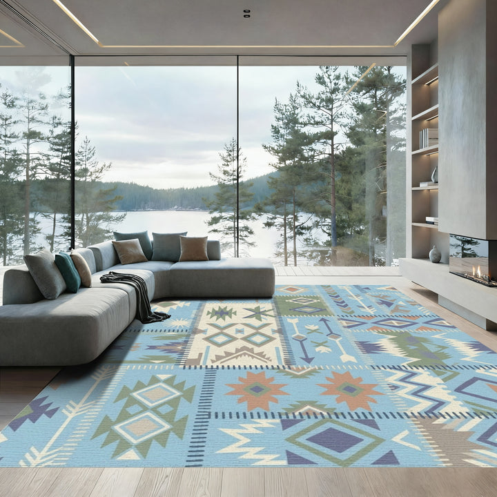 Boho Patchwork Blue Geometric Diamond Rug
