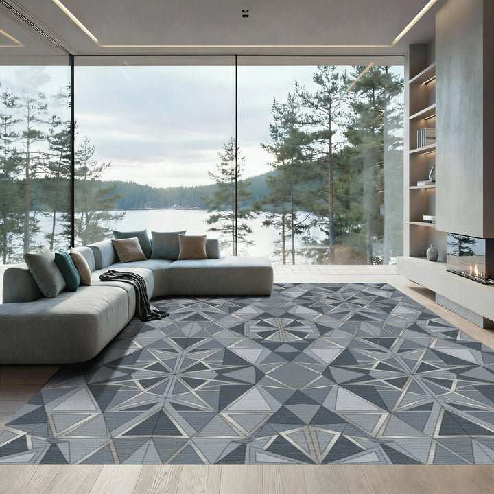 Cool Gray Geometric Starburst Rug