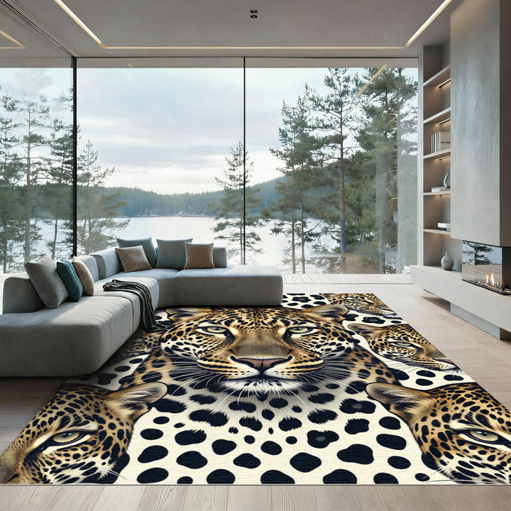 Leopard Faces With Spotted Background Rug