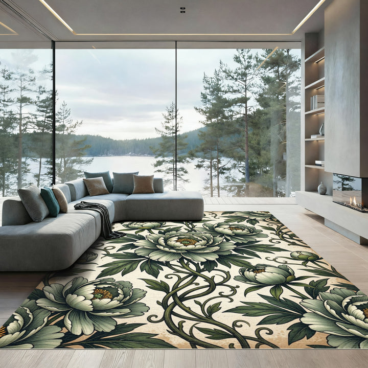 Pale Green Floral Vine Art Nouveau Rug