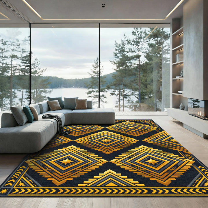 Golden Yellow Geometric Starburst Rug