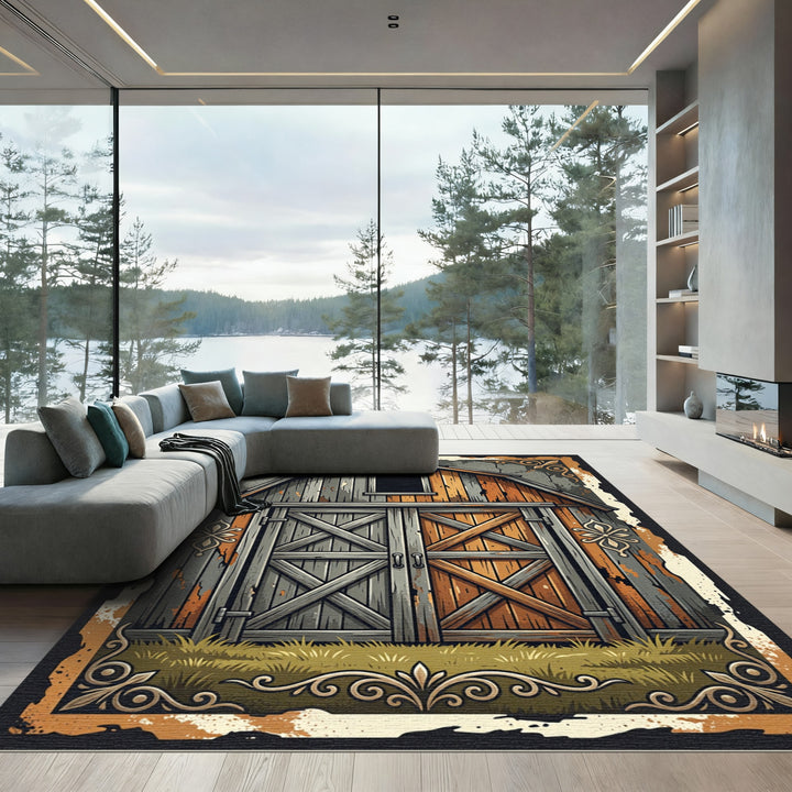 Rustic Barn Wood Doors Floral Accent Rug