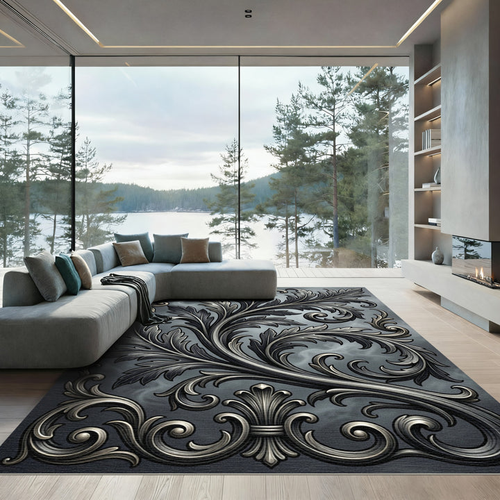 Ornate Charcoal Acanthus Scroll Rug