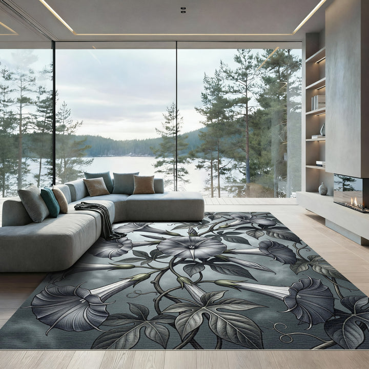 Grayscale Morning Glory Vine Art Rug