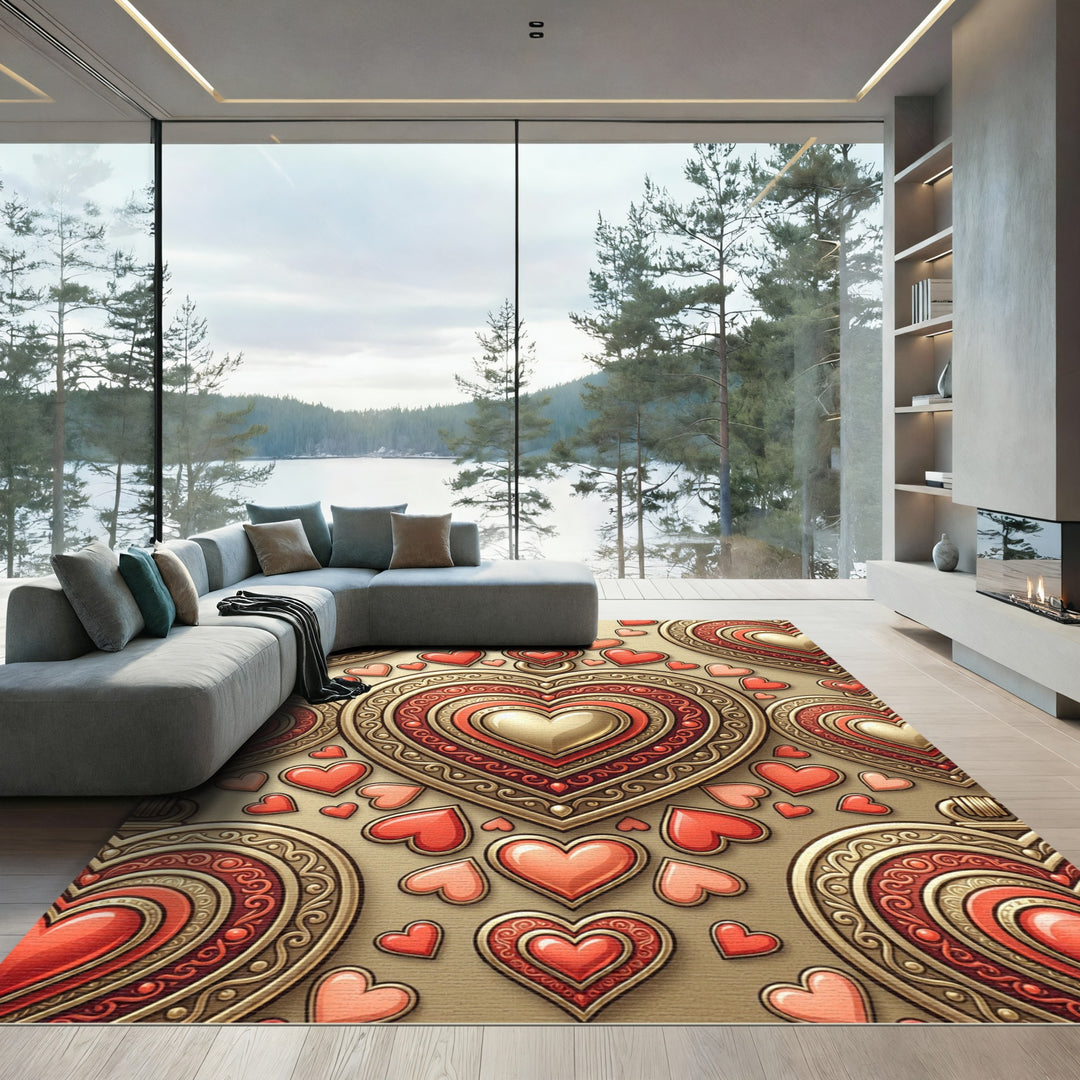 Ornate Golden Red Valentine Hearts Rug