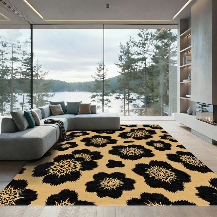 Exotic Black Leopard Floral Rug